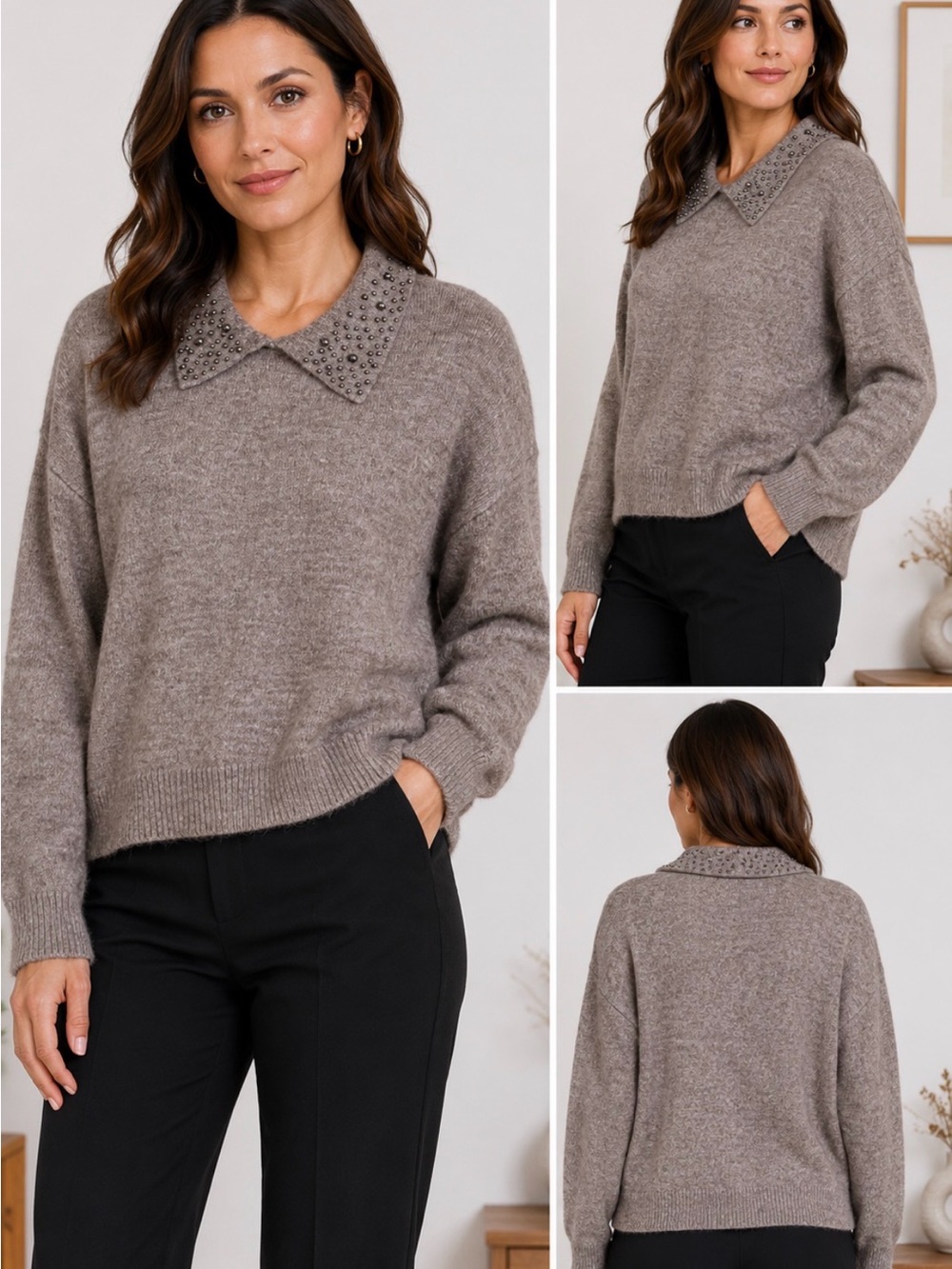 Magaschoni Wool Blend Embellished Collar Sweater Taupe XL NWT